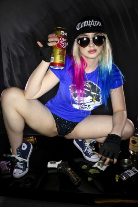 Blonde chick Leya Falcon holds pistols & booze while showing her tits and twat 99606908