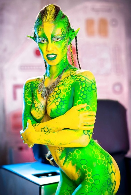 Kinky cosplay chick Tiffany Doll posing in body paint uniform and spreading 75241905