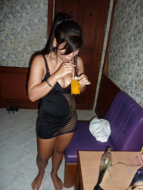 Busty Thai chick gets drunk and strips naked for boyfriend and bath 57722089